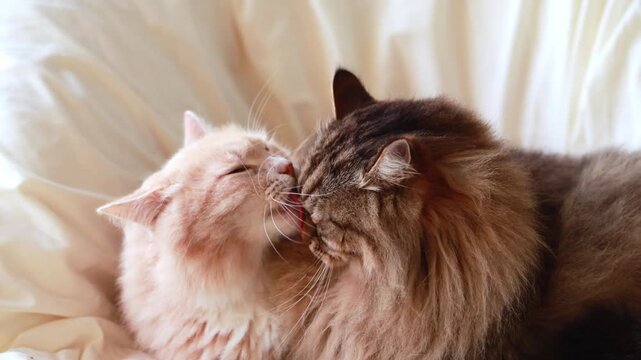 Two cats with long hair in licking time