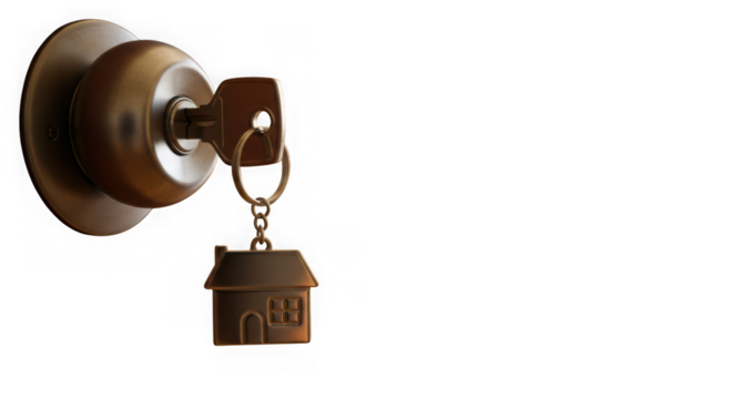 Key with house charm unlocking a door