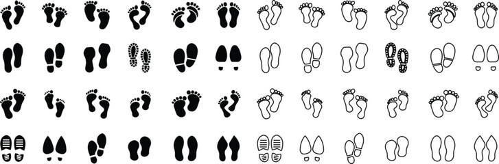 Footprint and shoe print icon set, collection, and group in black flat and line style, including barefoot, boot, sneaker, trail, and walking track symbols, perfect outline and silhouette vector