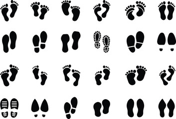 Footprint and shoe print icon set, collection, and group in black flat style, including barefoot, boot, sneaker, trail, and walking track symbols, perfect outline and silhouette vector