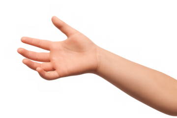 Child's hand with open palm offering or asking, receiving gesture, helping, reaching, giving, transparent background