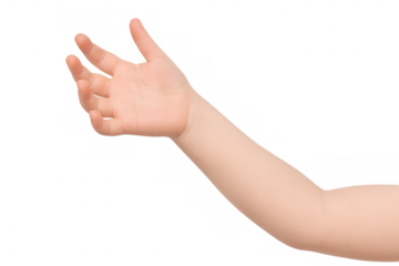Child's hand reaching out, offering or receiving something, with open palm for interaction on transparent background