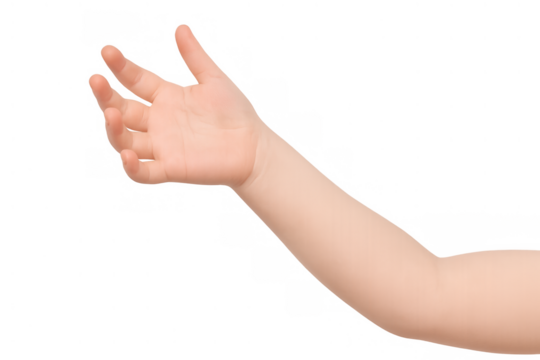 Child's hand reaching out, offering or receiving something, with open palm for interaction on transparent background