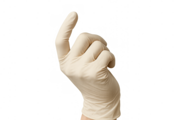 Hand wearing medical glove pointing index finger upwards indicating attention, direction, or instruction on transparent background