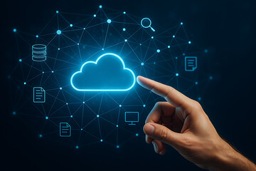 Hand pointing glowing neon cloud icon representing online storage system digital computing and futuristic data connection concept