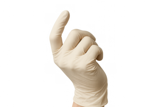 Hand wearing medical glove pointing index finger upwards indicating attention, direction, or instruction on transparent background