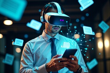 Futuristic businessman using virtual reality glasses and holographic interface to manage digital documents