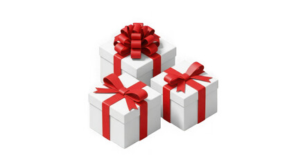 Obraz premium Three white gift boxes tied with red ribbons on black background