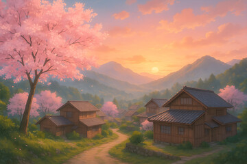 Serene anime mountain village at sunrise with cherry blossoms