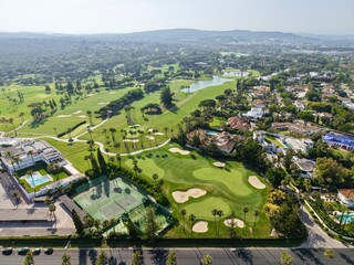 Sotogrande: aerial view of the golf course and urbanisation, Mediterranean Sea, Cádiz, Andalusia, Malaga, Spain © keBu.Medien