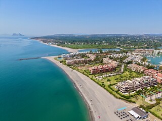 aerial view of Sotogrande, marina with boats and yachts, with a view towards the Rock of Gibraltar, San Roque, Torreguadiaro, Costa del Sol, Cádiz, Andalusia, Malaga, Spain © keBu.Medien