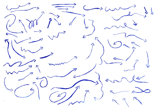 Blue pen arrow collection on checkered paper sheet. Hand drawn crayon various arrows, curved, wavy and straight lines. Direction pointers for notes, doodle and school design. Playful emphasis elements