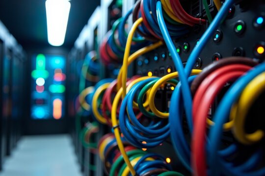 Complexity of Data Storage and Analysis in Modern Technology: Colorful Cables Tangled Together in Close-Up Shot with Blurred Server Room in Background