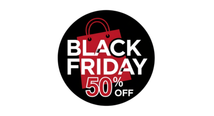 Black Friday sale sticker advertising a 50% off discount with a red shopping bag icon.