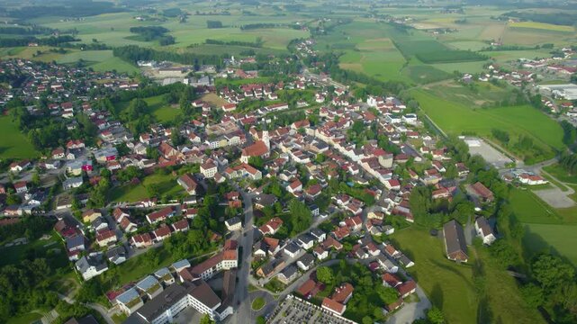 Aerial panoramic view around the city Velden in Germany., Bavaria on a sunny afternoon in spring.