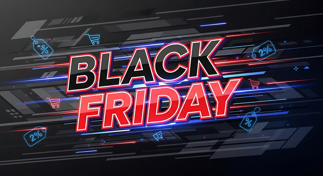 Black Friday sale banner with a futuristic technology background and glowing light effects.