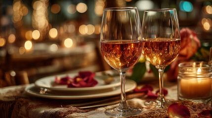 Romantic candlelit dinner setting with wine glasses and rose petals for Valentine’s Day