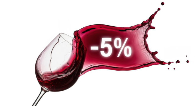Red wine splashing out of a glass with a 5 discount banner isolated on transparent background