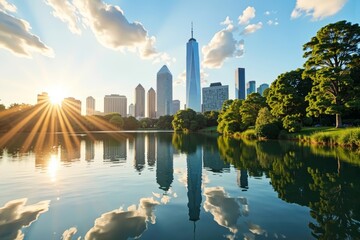 Fototapeta premium Capturing the Harmony: Blending City Skyline and Nature Scene in Double Exposure Photo