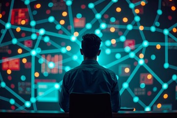 A Tech Expert Strategizing to Prevent Cyber Attacks Amid a Glowing Web of Neon Data Points