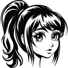 Black and white manga girl with a ponytail gazes directly forward in a portrait