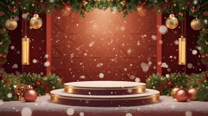 A joyous Christmas backdrop featuring a red stage, golden ornaments, pine branches, and snowflakes falling