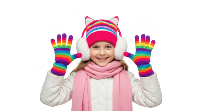 Happy young girl wearing colorful winter clothes isolated on transparent background - Powered by Adobe