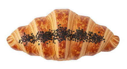 Golden croissant topped with black sesame seeds on a black background