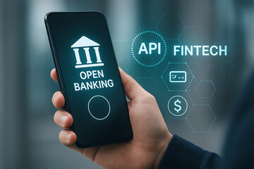 Open banking digital technology with smartphone API system showing financial fintech innovation and secure payment solutions
