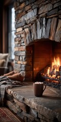 Cozy stone fireplace with hot chocolate mug on rustic hearth