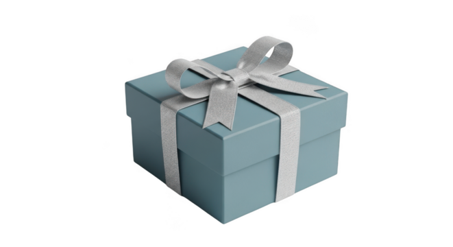 Blue gift box with silver ribbon isolated on transparent background - Powered by Adobe