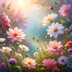 Fototapeta premium Sunny garden scene with various colorful flowers and a butterfly