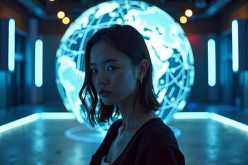 Futuristic Cyberpunk Photoshoot: Model Strikes Pose in Front of Enormous Holographic Globe Surrounded by Neon Lights and High-Tech Gadgets
