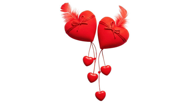 Two red hearts with feathers and hanging hearts isolated on transparent background