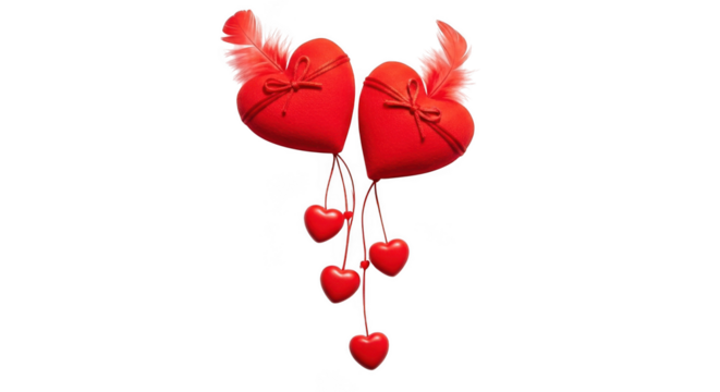 Two red hearts with feathers and hanging hearts isolated on transparent background