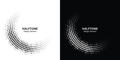 Halftone Circular Dot Pattern. Circle Frame using Halftone Dots Raster Texture. Polka Dots. Spiral logo Icon. Radial design element. Vector Illustration.