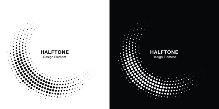 Halftone Circular Dot Pattern. Circle Frame using Halftone Dots Raster Texture. Polka Dots. Spiral logo Icon. Radial design element. Vector Illustration.