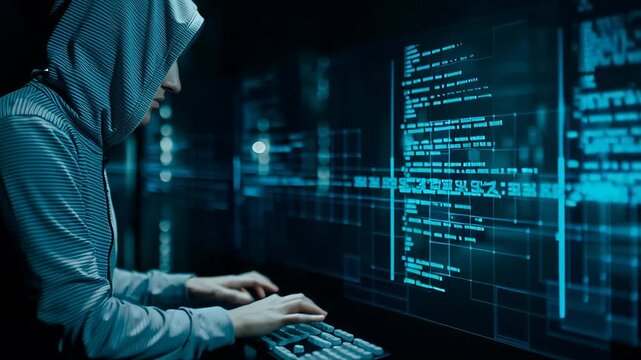 Mysterious silhouette in a hoodie with digital backdrop, perfect for tech and cybersecurity themes