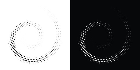 Halftone Circular Dot Pattern. Circle Frame using Halftone Dots Raster Texture. Polka Dots. Spiral logo Icon. Radial design element. Vector Illustration.