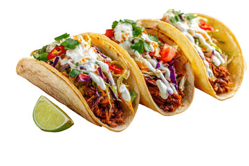 Three flavorful tacos, topped with seasoned meat, slaw, crema, and chopped vegetables, served with a lime wedge
