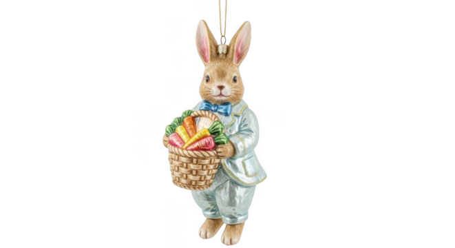 Easter bunny figurine holding a basket of carrots isolated on transparent background