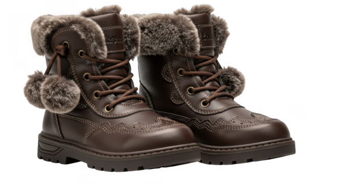 Pair of brown winter boots with fur trim isolated on transparent background