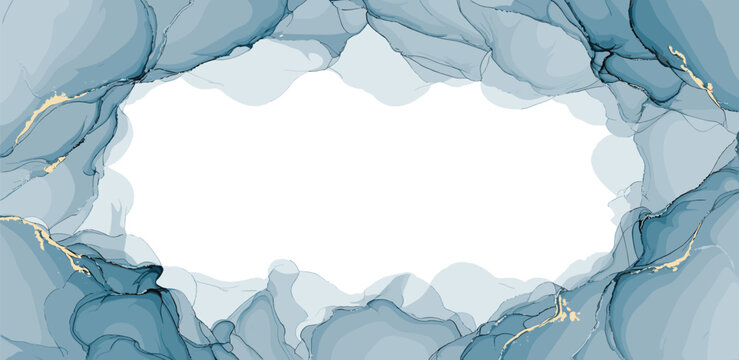 Abstract Blue and Gold Ink Swirls Forming a Delicate Frame with White Space for Text Overlay and Design Elements