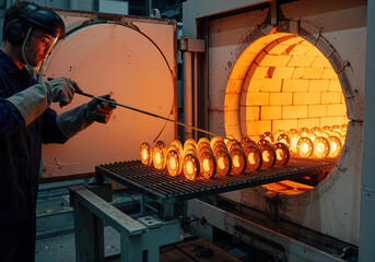 Worker pushing hot metal flanges into industrial furnace