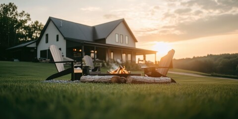Inviting Outdoor Firepit Surrounded by Comfortable Chairs and Lush Green Lawn with Scenic Views