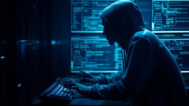 Mysterious hacker silhouette with glowing screens in a dark tech environment