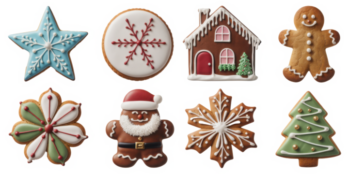 Christmas gingerbread and cookies figures isolated on a transparent background
