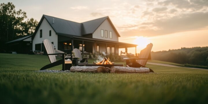 Inviting Outdoor Firepit Surrounded by Comfortable Chairs and Lush Green Lawn with Scenic Views - Powered by Adobe