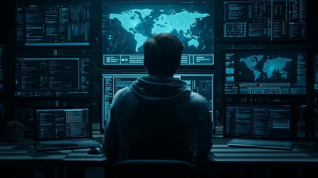 Focused individual analyzing global data on multiple screens in a modern tech environment