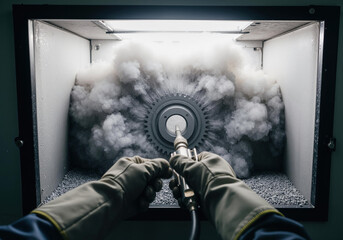 Worker sandblasting metal gear in industrial environment